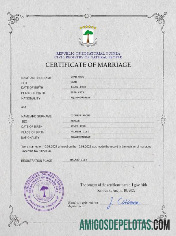 Em branco modelo PSD de certidão de casamento da Guiné Equatorial