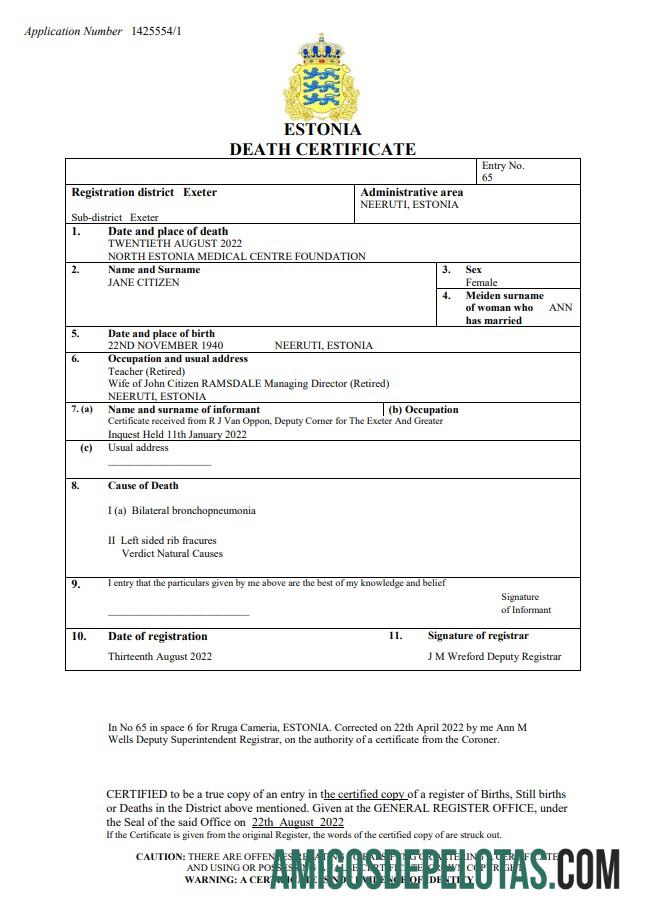 para download Modelo Word e PDF de certidão de óbito da Estônia