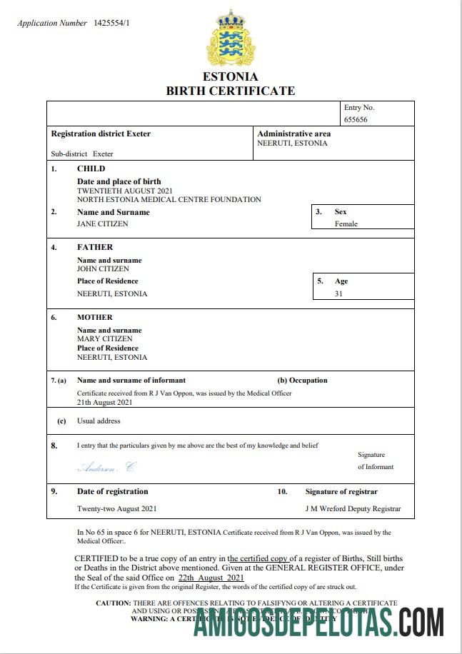 Imprimível modelo Word e PDF de certidão de nascimento de registro vital da Estônia