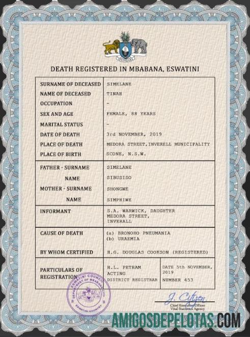 Imprimível modelo PSD de certidão de óbito de registro vital de Eswatini