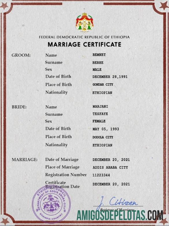 para download Modelo PSD de certidão de casamento da Etiópia