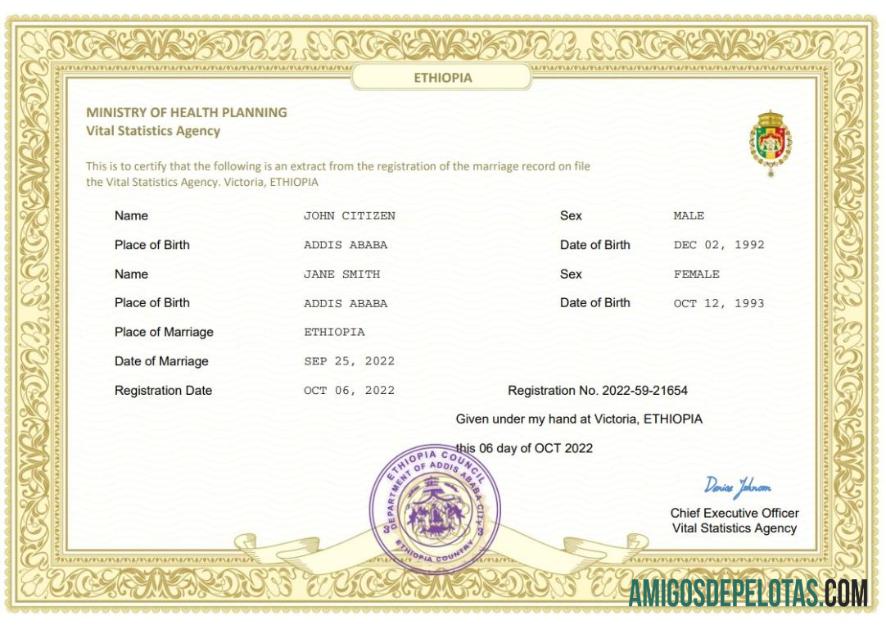 para download Modelo Word e PDF de certidão de casamento da Etiópia