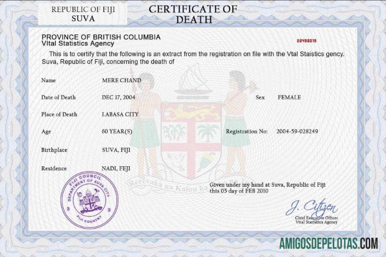 para download Modelo PSD de certidão de óbito de Fiji