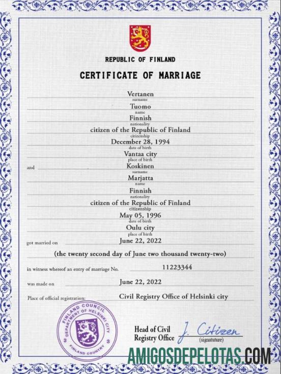 para download Modelo PSD de certidão de casamento na Finlândia