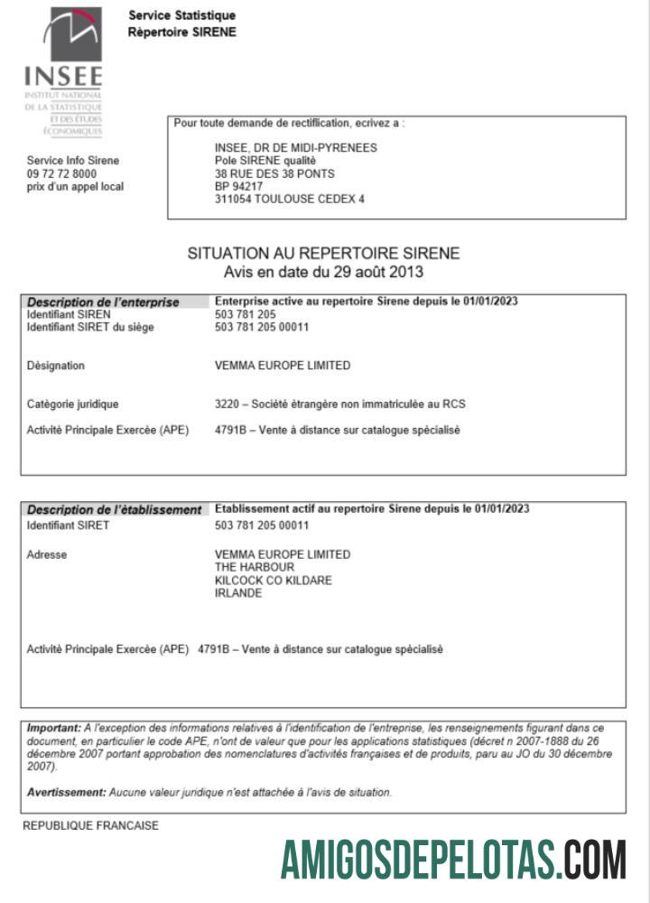 Imprimível modelo Word e PDF de certificado de registro INSEE da França