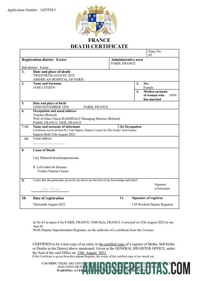 para download Modelo Word e PDF de certidão de óbito de registro vital da França