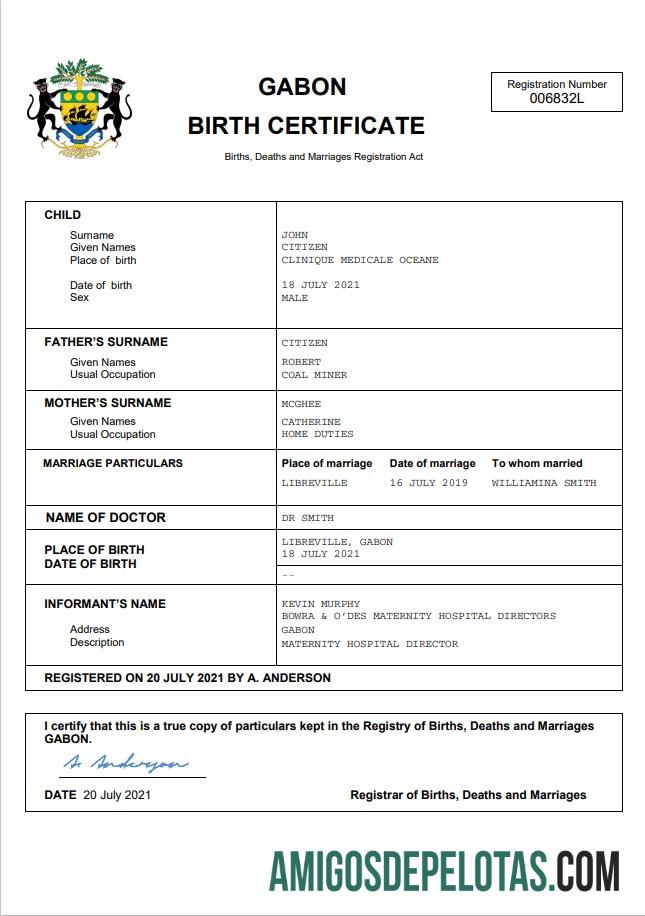 Em branco modelo Word e PDF de certidão de nascimento de registro vital do Gabão