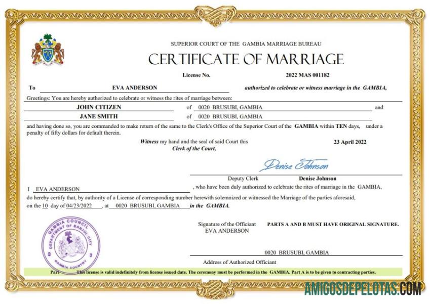 Em branco modelo Word e PDF de certidão de casamento da Gâmbia