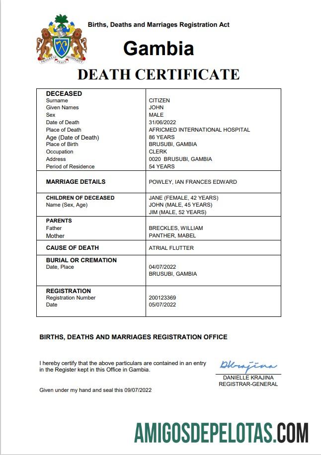 Certidão de óbito de registro vital da Gâmbia, palavra e PDF modelo