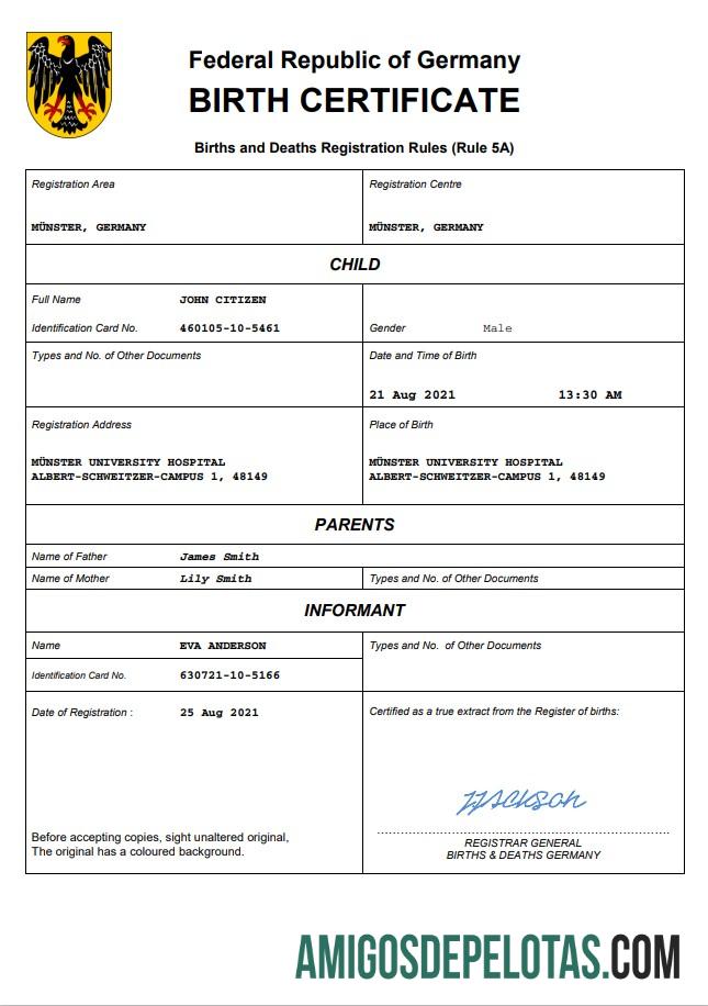 Imprimível modelo Word e PDF de certidão de nascimento na Alemanha