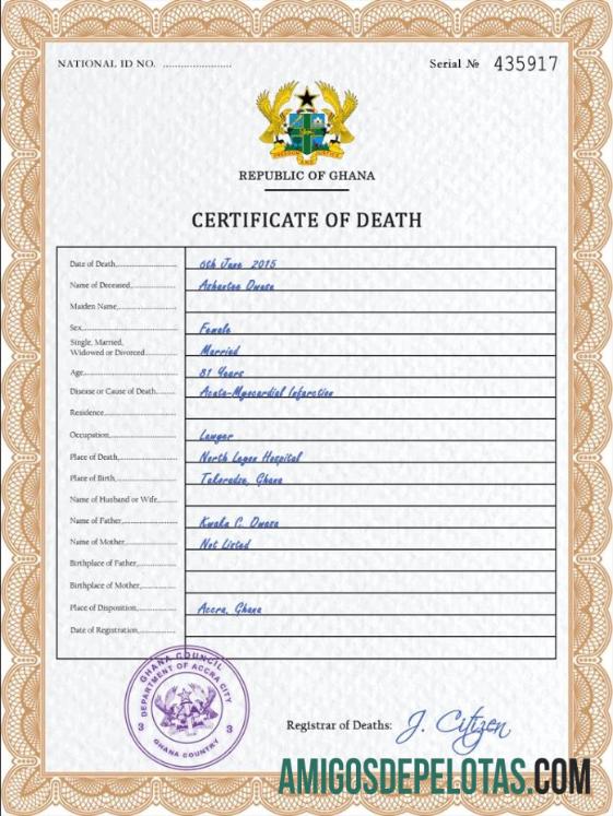 realista Modelo PSD de certidão de óbito de registro vital de Gana