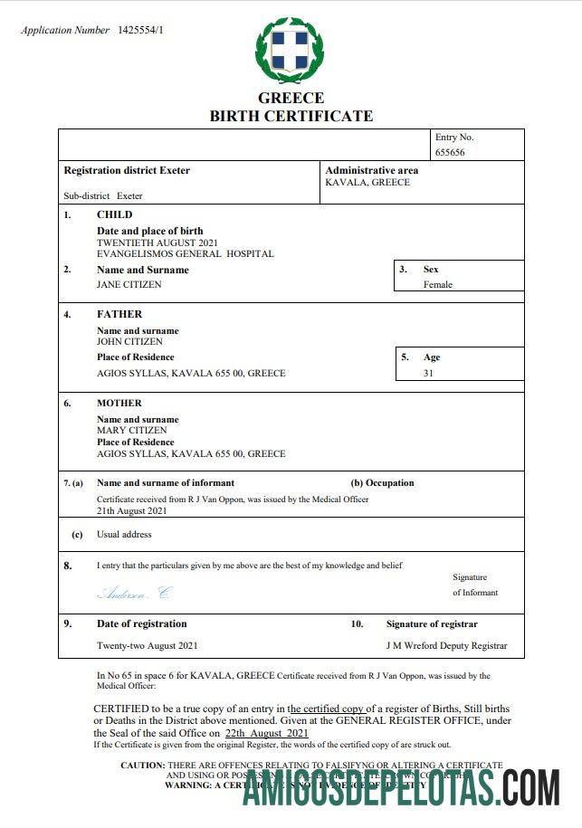 para download Modelo Word e PDF de certidão de nascimento na Grécia