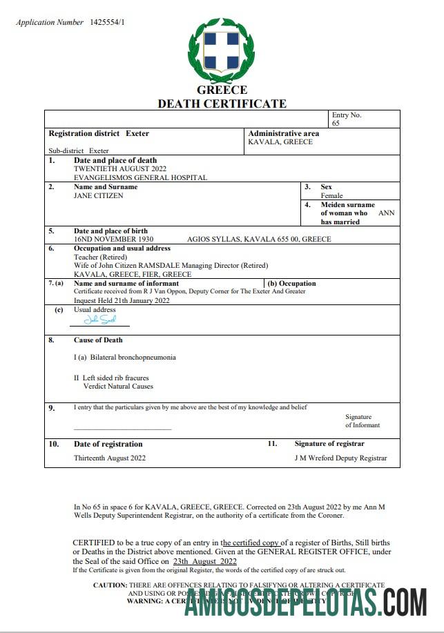 realista Modelo Word e PDF de certidão de óbito da Grécia