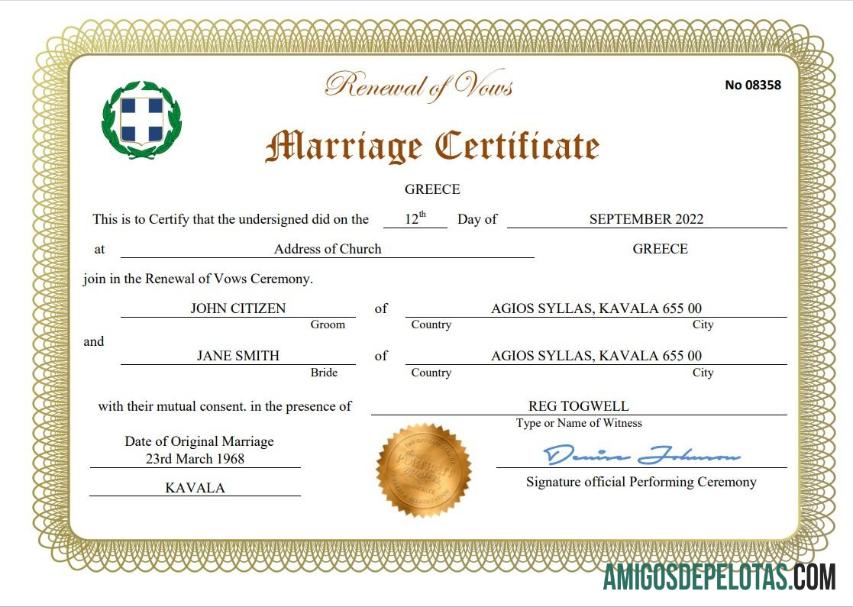realista Modelo Word e PDF de certidão de casamento na Grécia