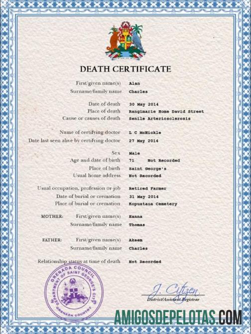 Em branco modelo PSD de certidão de óbito de Granada