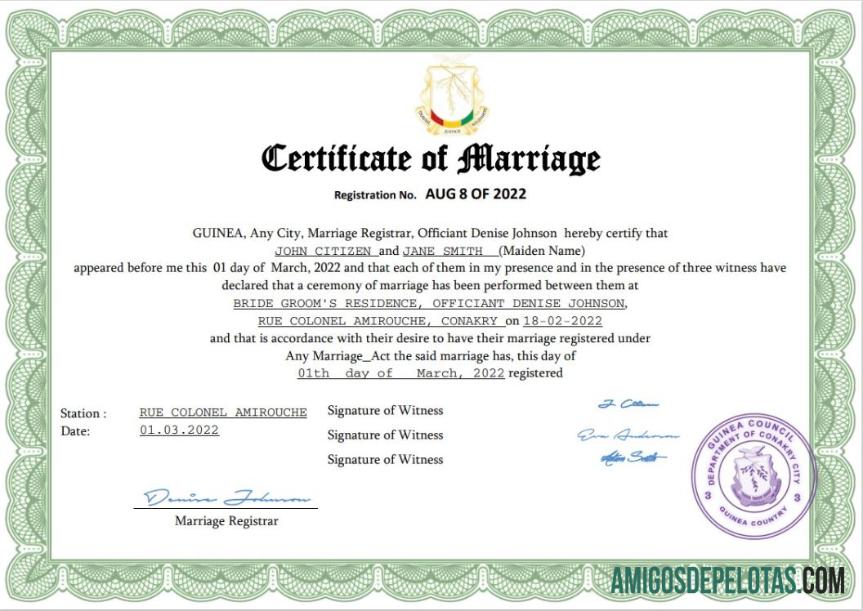 Certidão de Casamento da Guiné modelo
