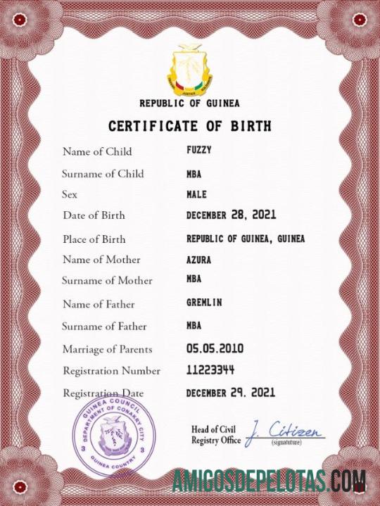 para download Modelo PSD de certidão de nascimento de registro vital da Guiné