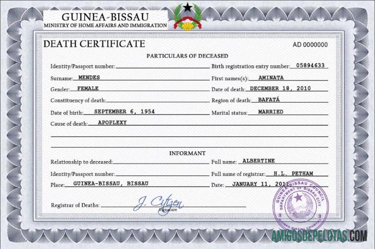 Em branco modelo PSD de certidão de óbito de registro vital da Guiné-Bissau