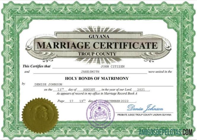 Certidão de casamento da Guiana Word e PDF exemplo real