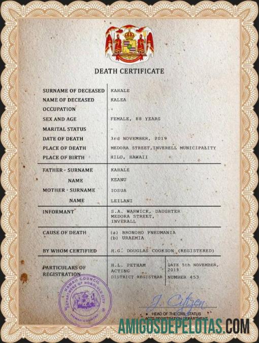 realista Modelo PSD de certidão de óbito de registro vital do Havaí