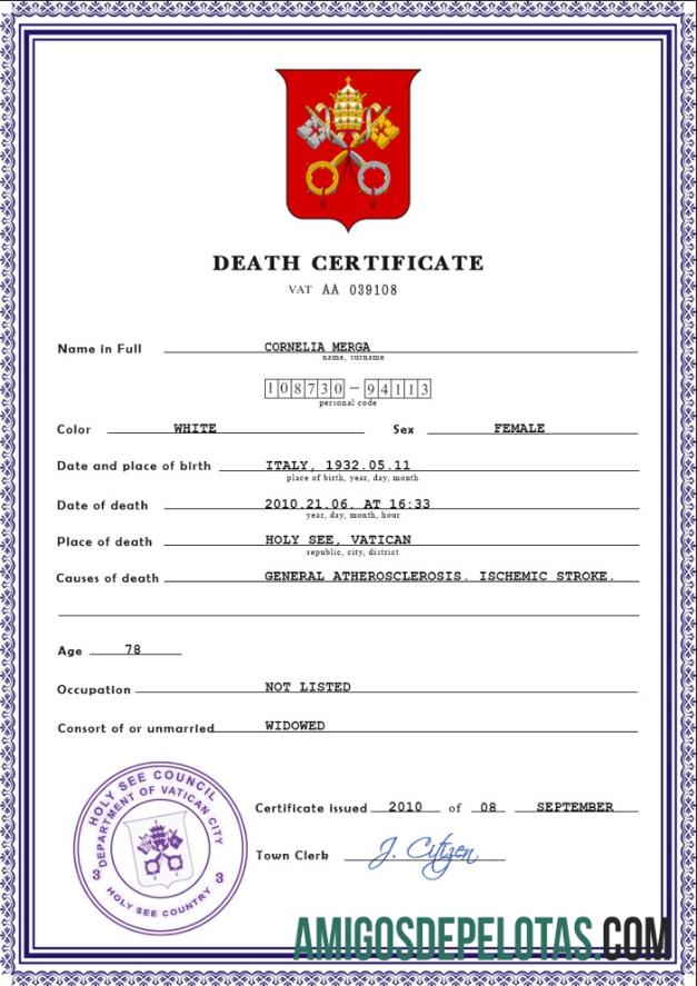 para download Modelo PSD de certidão de óbito de registro vital da Santa Sé