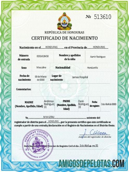 Certidão de nascimento de Honduras em espanhol exemplo