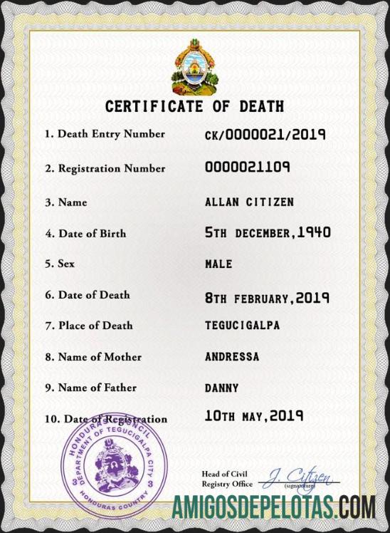 realista Modelo PSD de certidão de óbito de Honduras