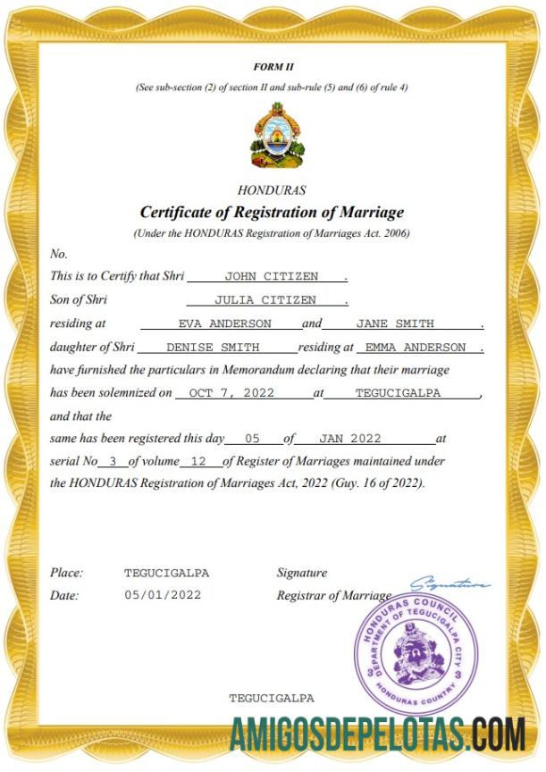 Em branco modelo Word e PDF de certidão de casamento de Honduras