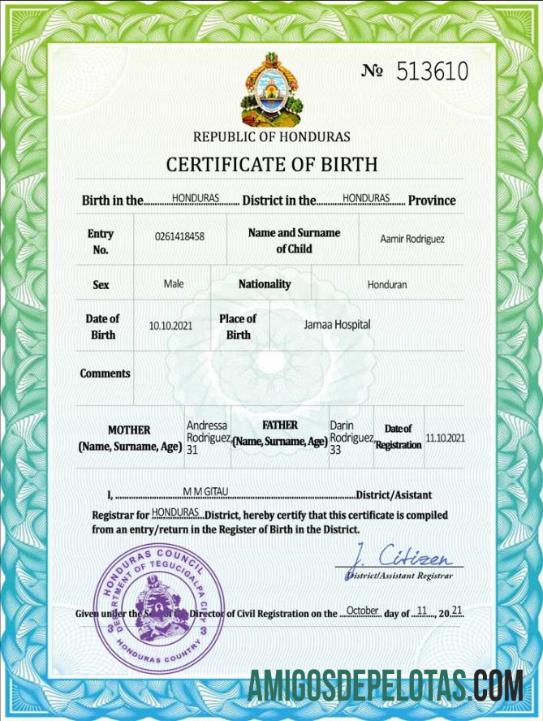 Certidão de nascimento de registro vital de Honduras PSD amostra