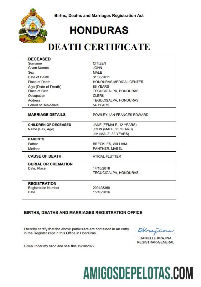 para download Modelo Word e PDF de certidão de óbito de registro vital de Honduras