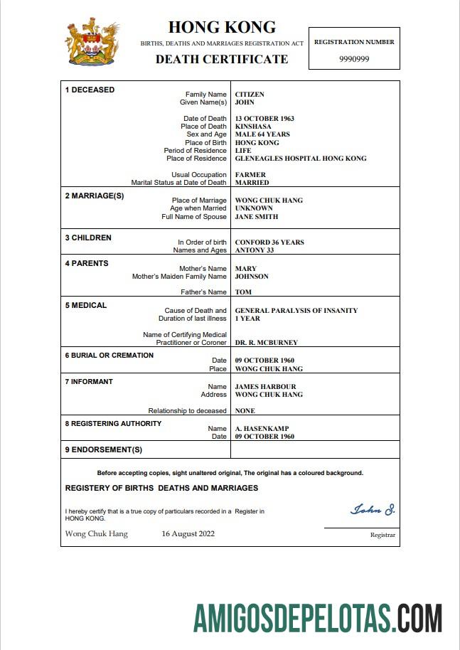 Imprimível modelo Word e PDF de certidão de óbito de Hong Kong,