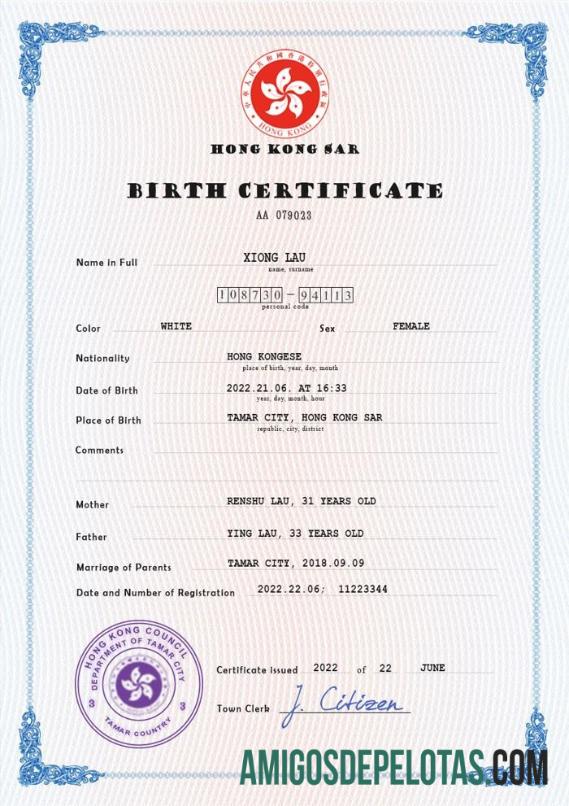 Imprimível modelo PSD de certidão de nascimento de registro vital de Hong Kong