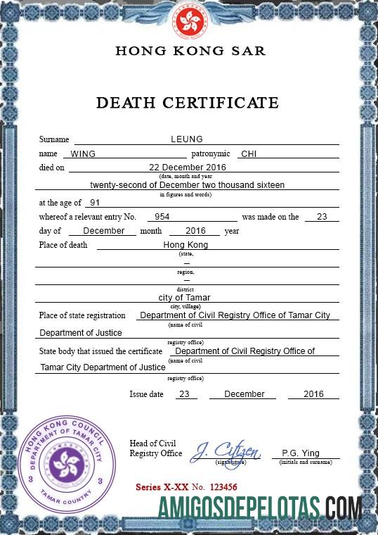 realista Modelo PSD de certidão de óbito de registro vital de Hong Kong