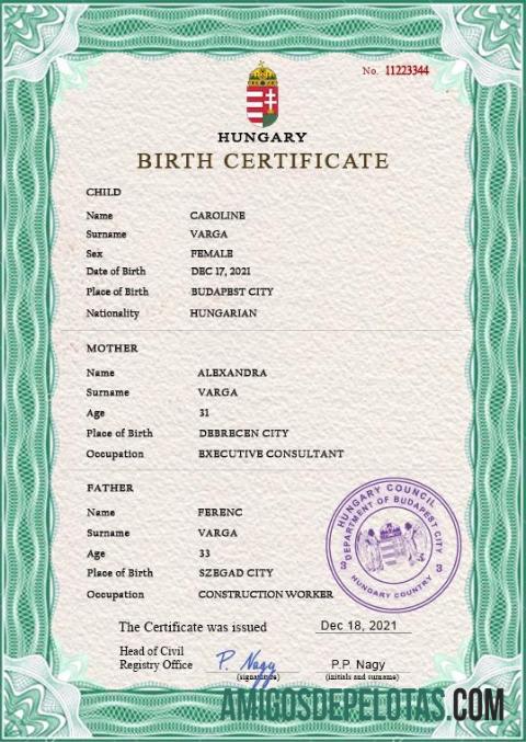 para download Modelo PSD de certidão de nascimento da Hungria