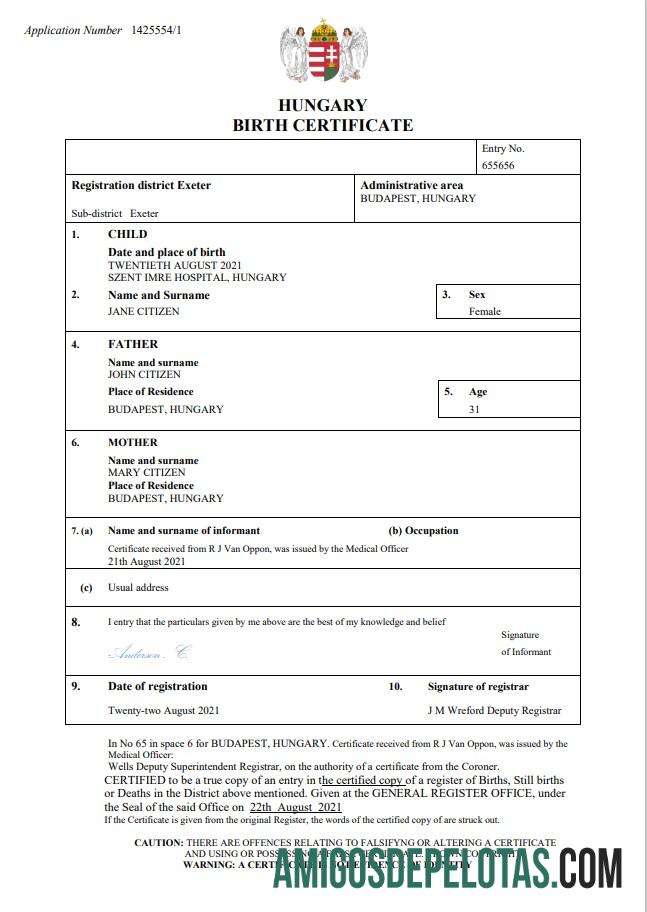 Imprimível modelo Word e PDF de certidão de nascimento de registro vital da Hungria
