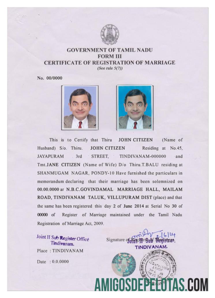 Certidão de Casamento da ÍNDIA (TAMIL NADU) baixar para verificação