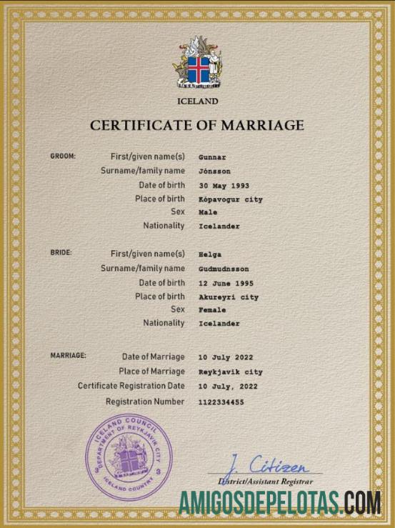 para download Modelo PSD de certidão de casamento da Islândia