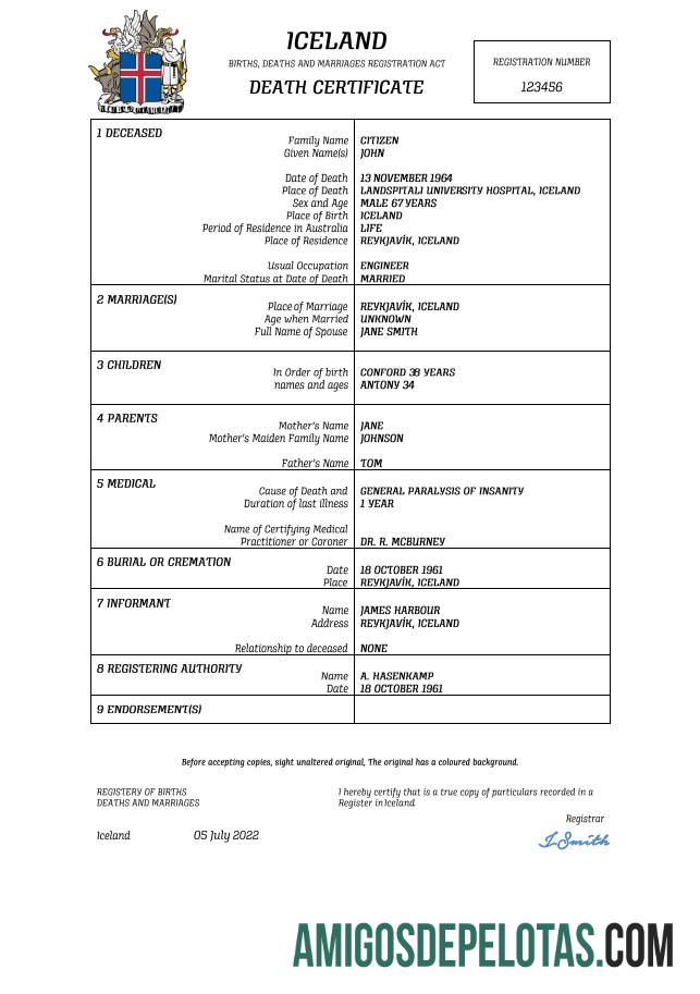 Em branco modelo Word e PDF de certidão de óbito de registro vital da Islândia