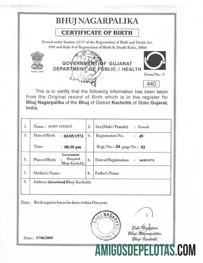 Certidão de nascimento do escritório de Bhuj Nagarpalika na Índia baixar para verificação
