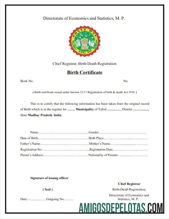 Certidão de nascimento de registro de óbito de nascimento na Índia exemplo real