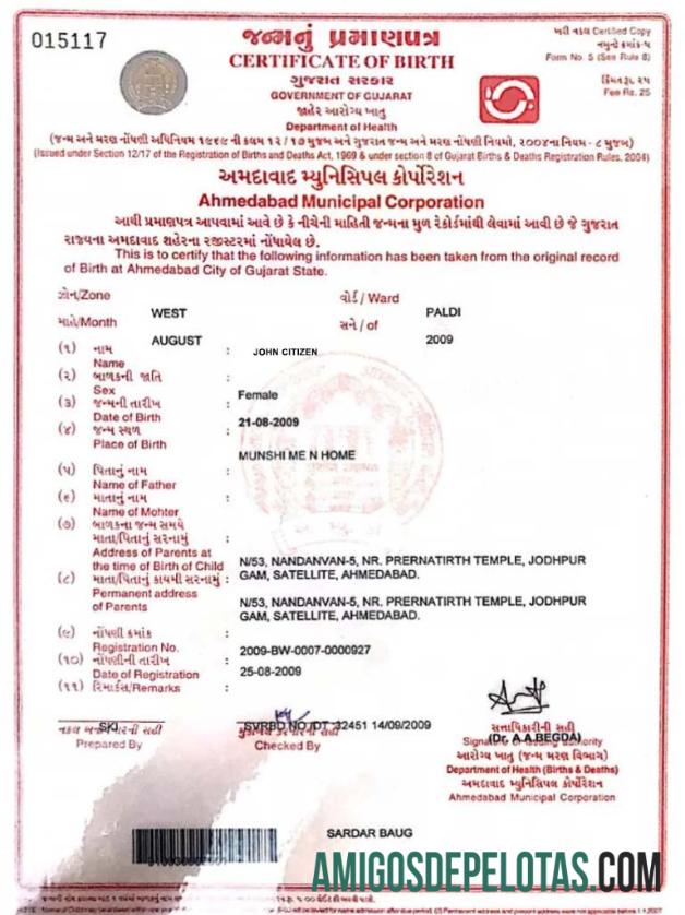 Certidão de Nascimento do Departamento de Saúde da Índia exemplo