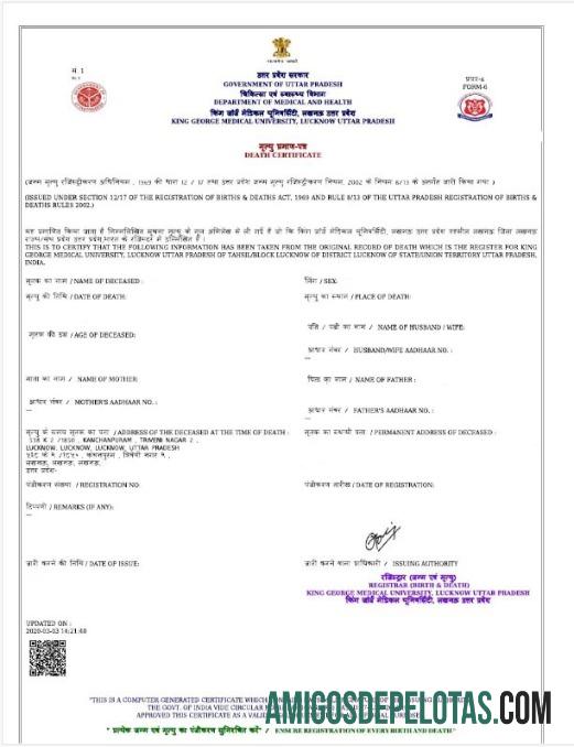 Certidão de óbito do Departamento de Medicina e Saúde da Índia de Uttar Pradesh baixar para verificação
