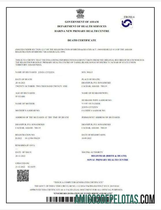Certidão de Óbito do Governo de Assam da Índia exemplo