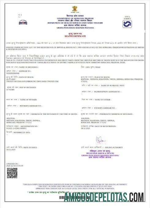 Certidão de óbito do governo da Índia de Himachal Pradesh exemplo