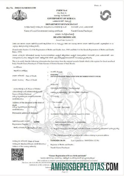 Certidão de óbito do governo de Kerala na Índia exemplo