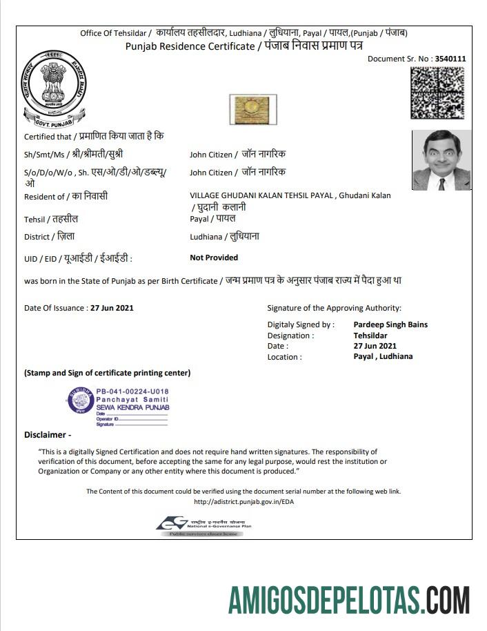 Imprimível modelo de certificado de residência do governo da Índia em Punjab em formato Word e PDF