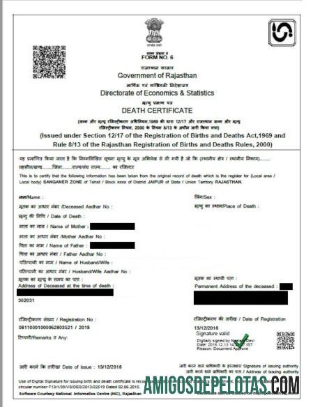 Certidão de óbito do governo da Índia no Rajastão exemplo