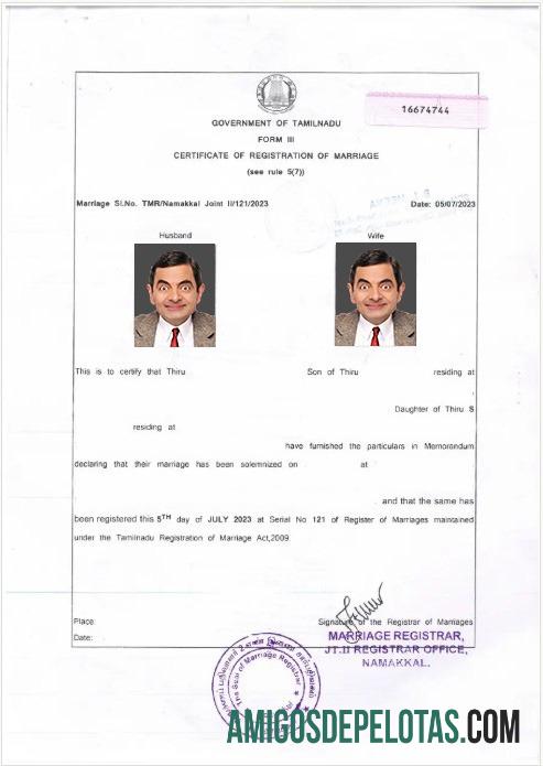 Certificado de casamento do governo da Índia de Tamilnadu amostra