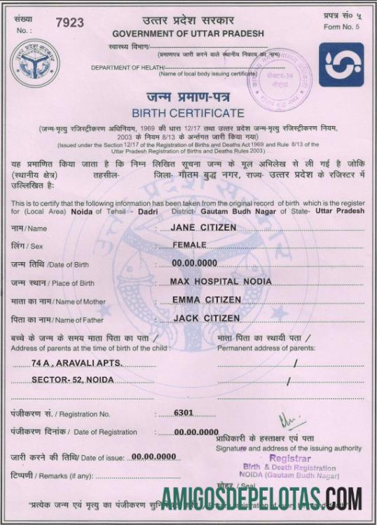 para download Modelo de certidão de nascimento do governo da Índia de Uttar Pradesh em formato PSD,