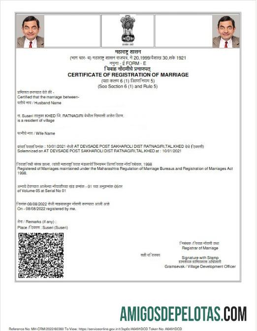 Certidão de Casamento do Registro de Casamento da Índia exemplo